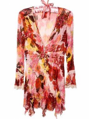 Y2K V Christina Watercolor Floral Sheer V-Neck Tunic in Pink & Red